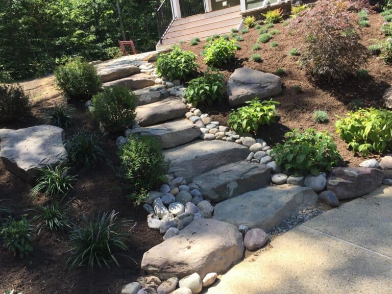 Beautiful custom outdoor stone staircase integrated into landscaped garden with lush greenery and decorative rocks, perfect for enhancing outdoor living spaces.