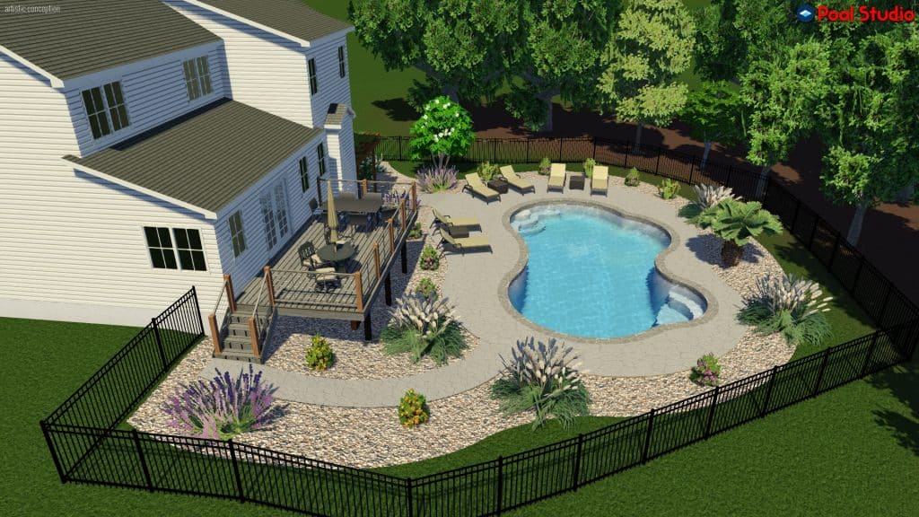 Elegant backyard pool area with a spacious patio, lush landscaping, and comfortable lounge chairs for outdoor living and relaxation. Ideal for summer gatherings and entertaining guests.
