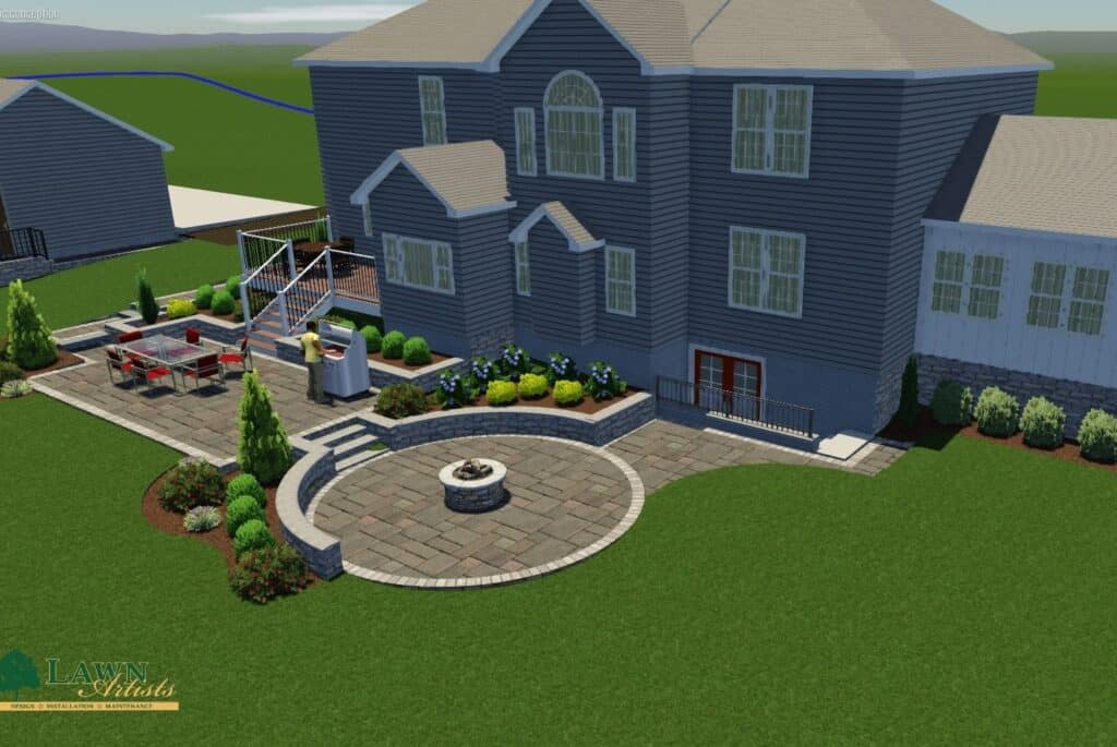 Elegant backyard patio with fire pit, outdoor dining area, and landscaped garden, perfect for outdoor living spaces and entertaining guests.