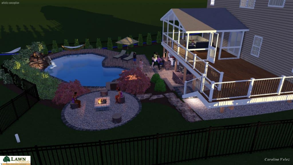 Aesthetic outdoor living space featuring a backyard pool, fire pit area, and multi-level deck with seating, perfect for entertainment and relaxation.