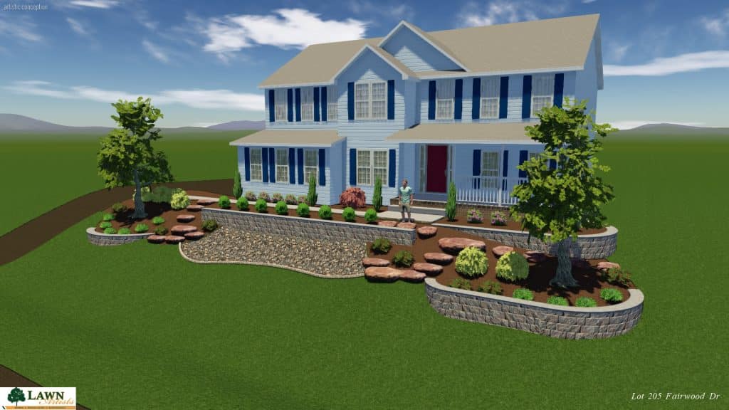 Colorful two-story blue house with landscaped backyard featuring stone retaining walls, steps, and lush greenery, ideal for outdoor living spaces and backyard renovations.
