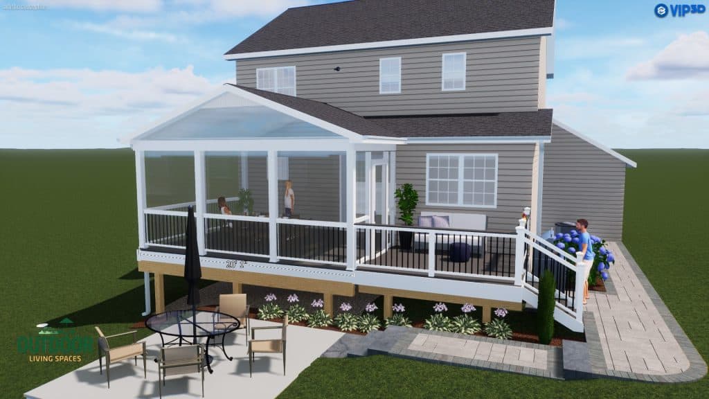 Modern screened porch with outdoor living space, cozy furniture, and beautiful landscaping, perfect for relaxing and entertaining guests in your backyard.