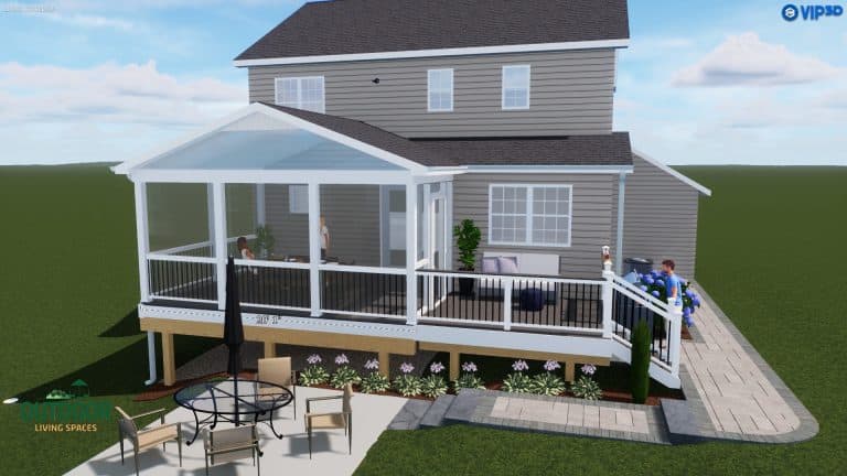 Spacious outdoor deck with a screened porch, modern furnishings, lush landscaping, and a walkway, perfect for outdoor living and entertaining in a beautiful backyard setting.
