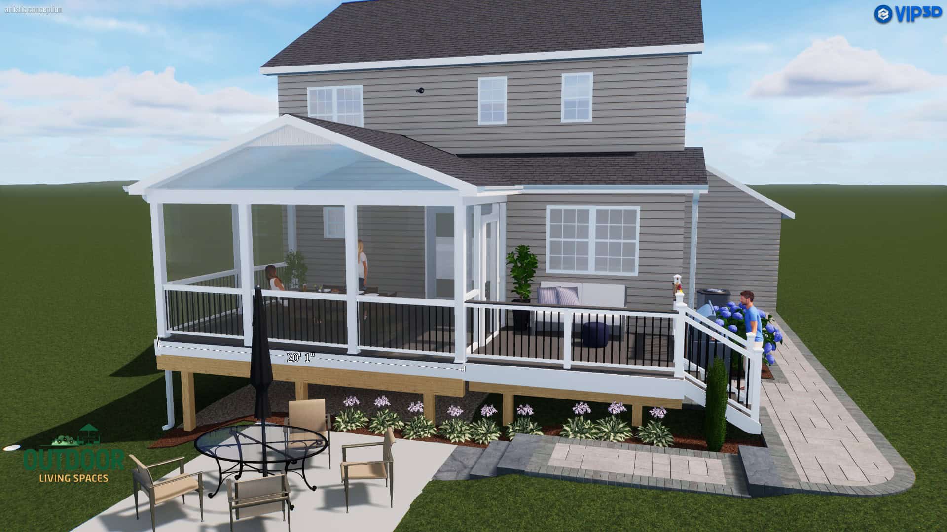 Spacious outdoor deck with a screened porch, modern furnishings, lush landscaping, and a walkway, perfect for outdoor living and entertaining in a beautiful backyard setting.